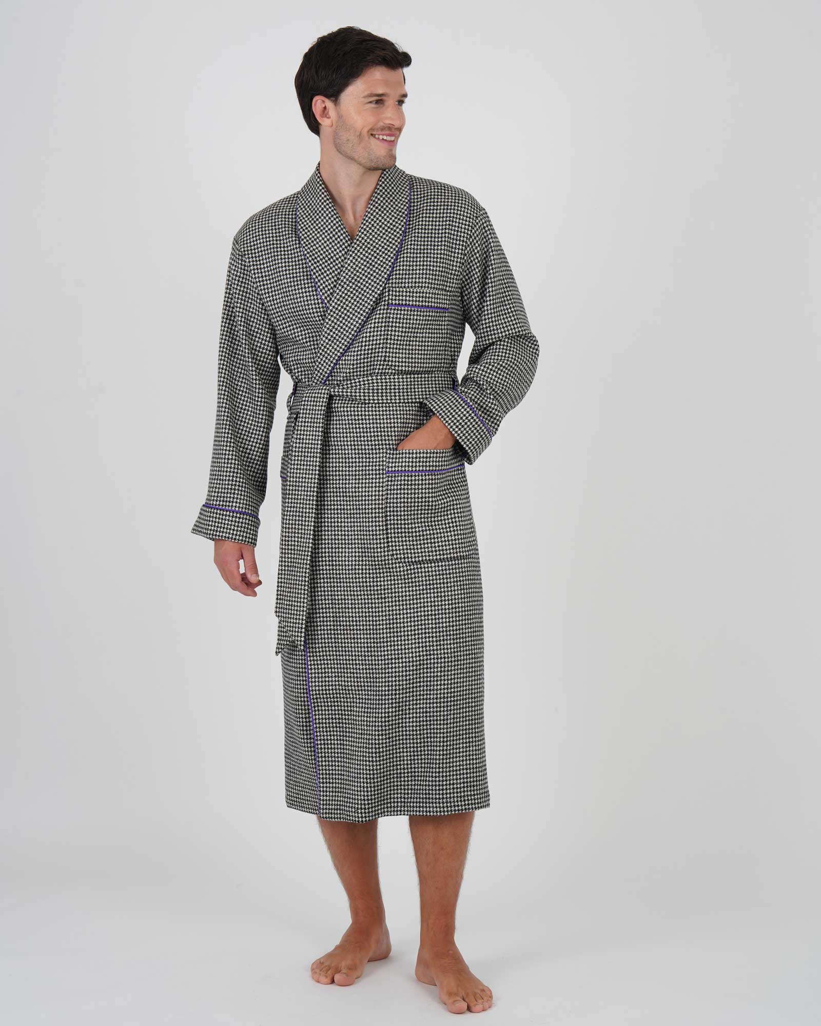 white and grey dressing gown Men's Silk-Lined Wool Robe beach outfit inspo
